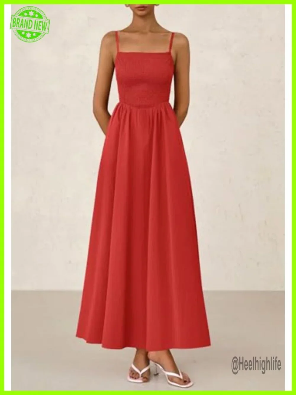 Smocked Maxi Dress with Pockets Spaghetti Strap A-Line Beach Sundress - Picture 3 of 6